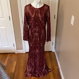 Burgundy Sequin w/ nude underlay formal floor length dress